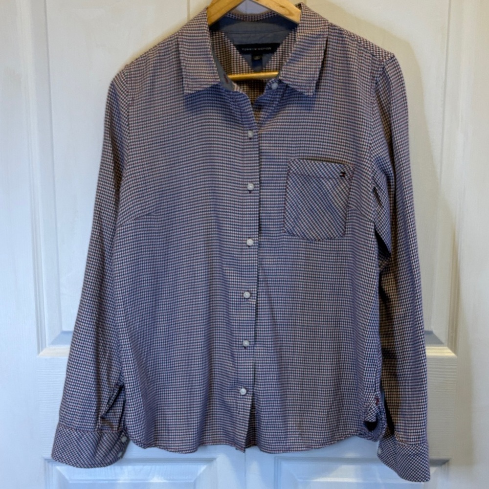 Tommy Hilfiger Mens Houndstooth Button Down Shirt Long Sleeve Cotton Burgundy M